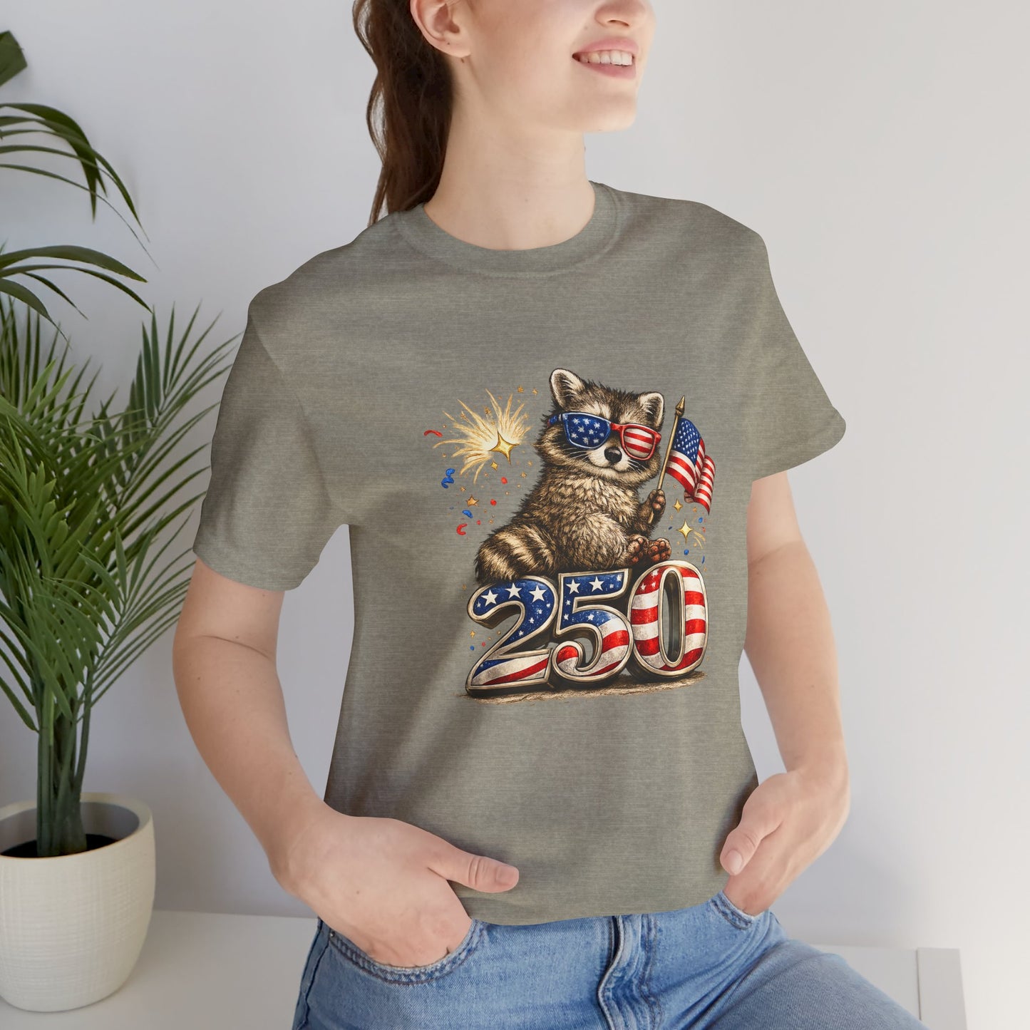 Patriot Raccoon 250th Anniversary T-Shirt — 4th of July Fireworks Flag Tee