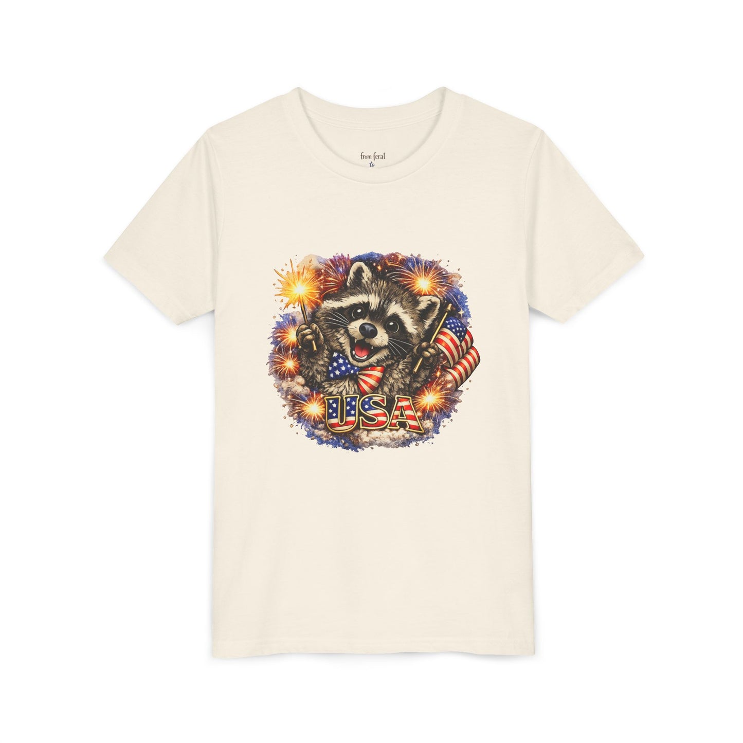 Patriotic Raccoon Youth Tee — Raccoon with American Flag & Fireworks