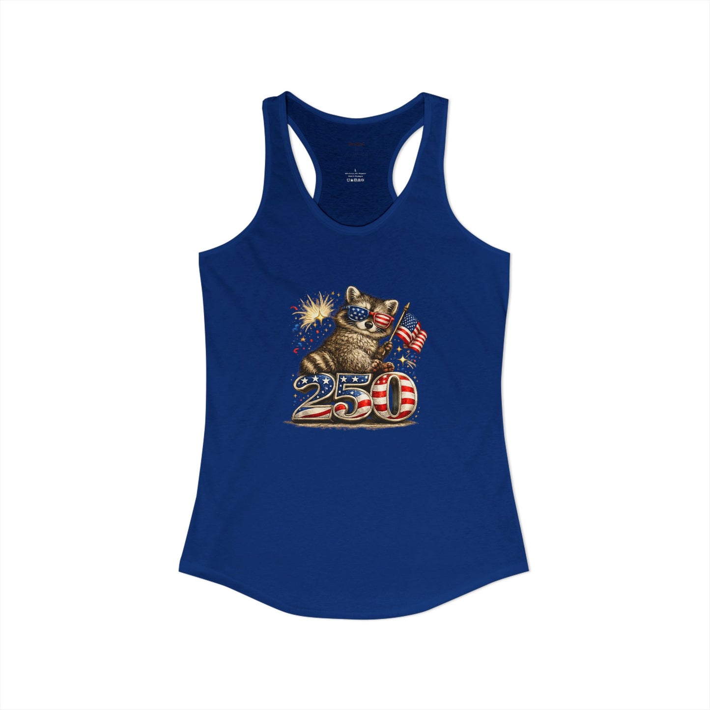 Patriotic Raccoon 4th of July Tank — Raccoon on 250 with Flag & Fireworks Racerback Tank