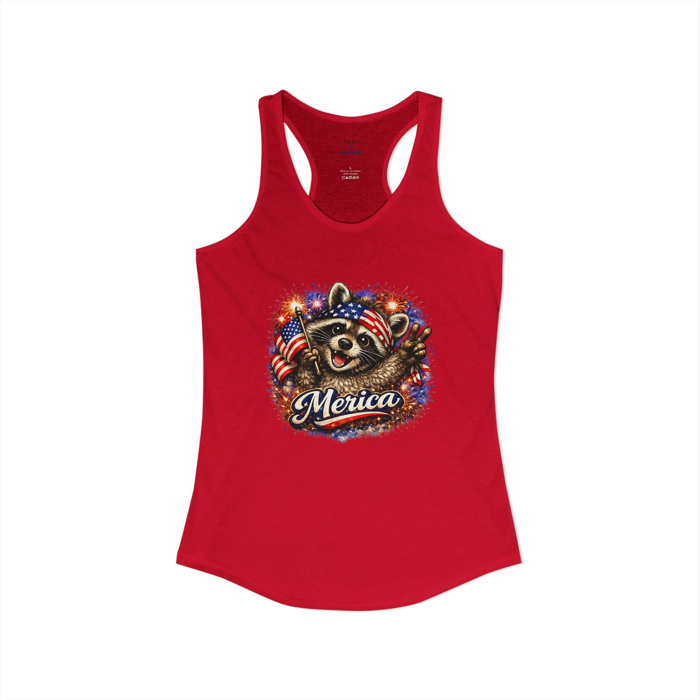 Patriotic Raccoon 4th of July Tank — Raccoon on 250 with Flag & Fireworks Racerback Tank