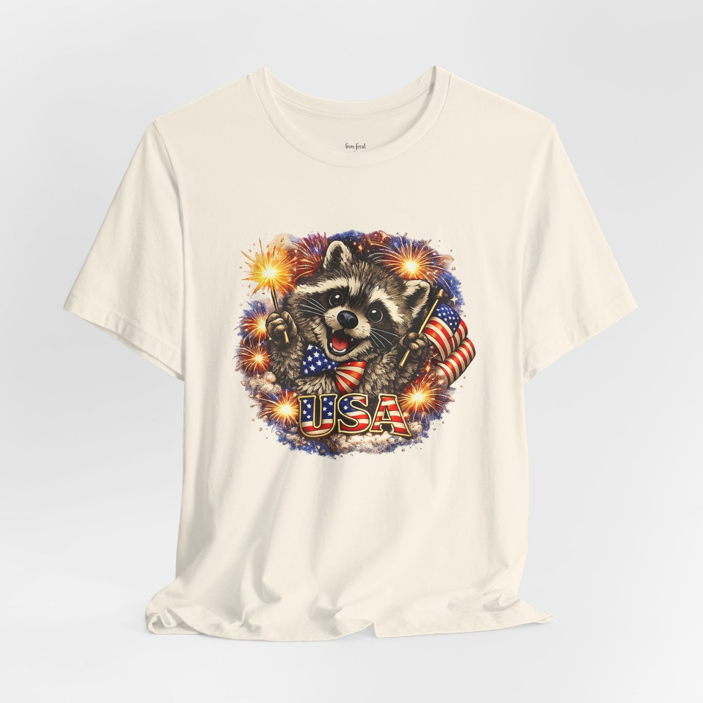Patriot Raccoon 250th Anniversary T-Shirt — 4th of July Fireworks Flag Tee