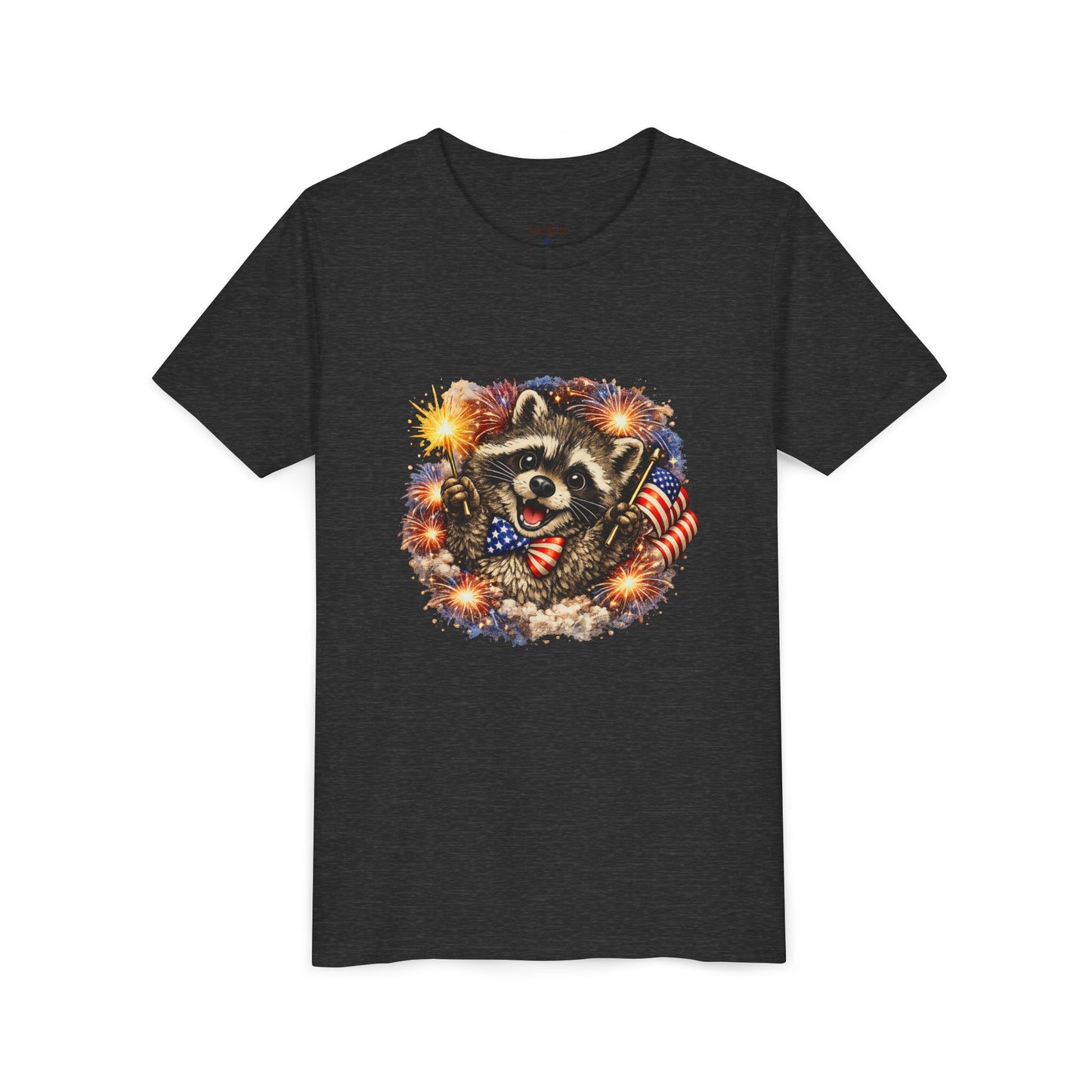 Patriotic Raccoon Youth Tee — Raccoon with American Flag & Fireworks