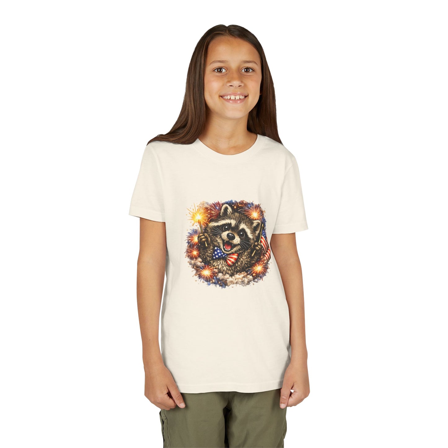Patriotic Raccoon Youth Tee — Raccoon with American Flag & Fireworks