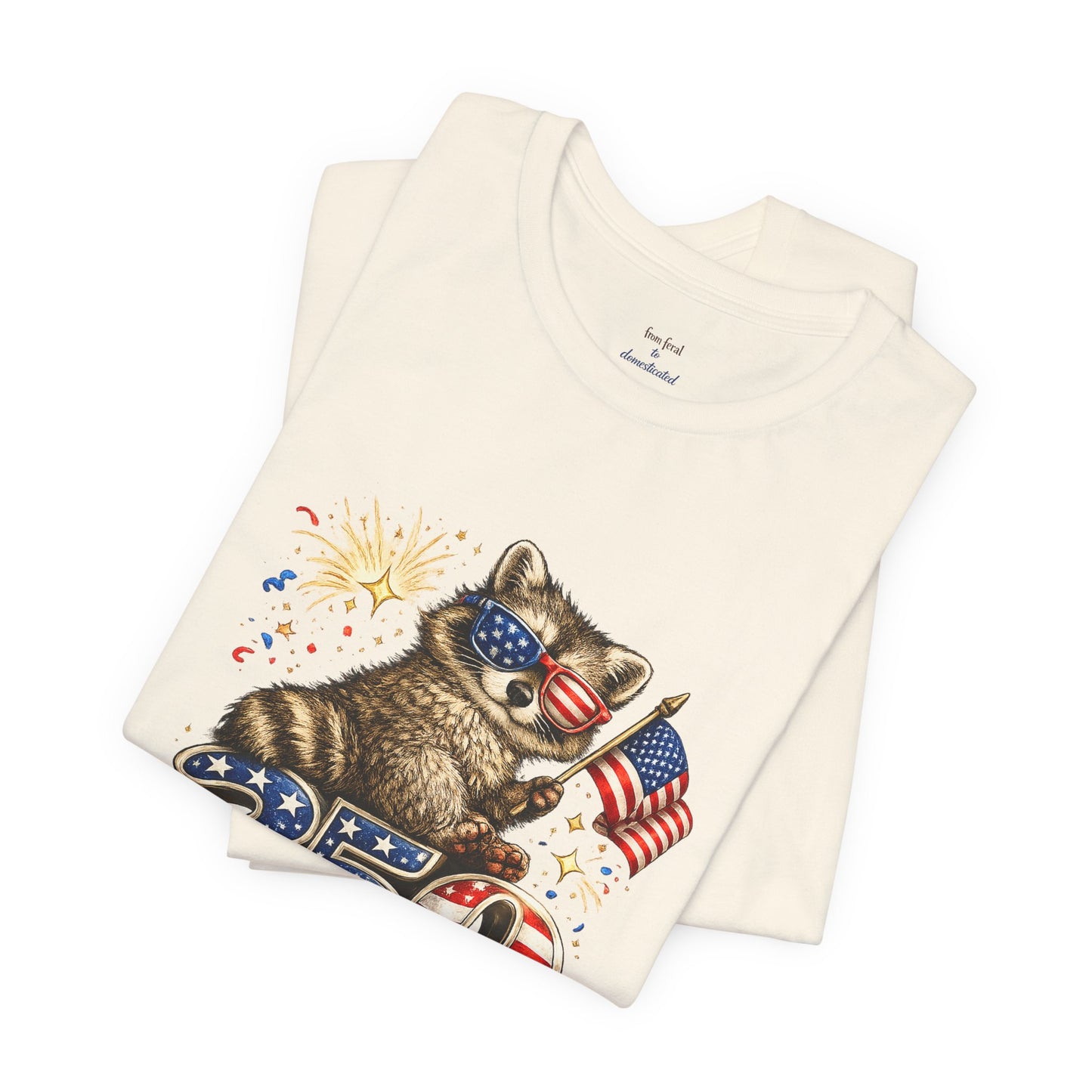 Patriot Raccoon 250th Anniversary T-Shirt — 4th of July Fireworks Flag Tee