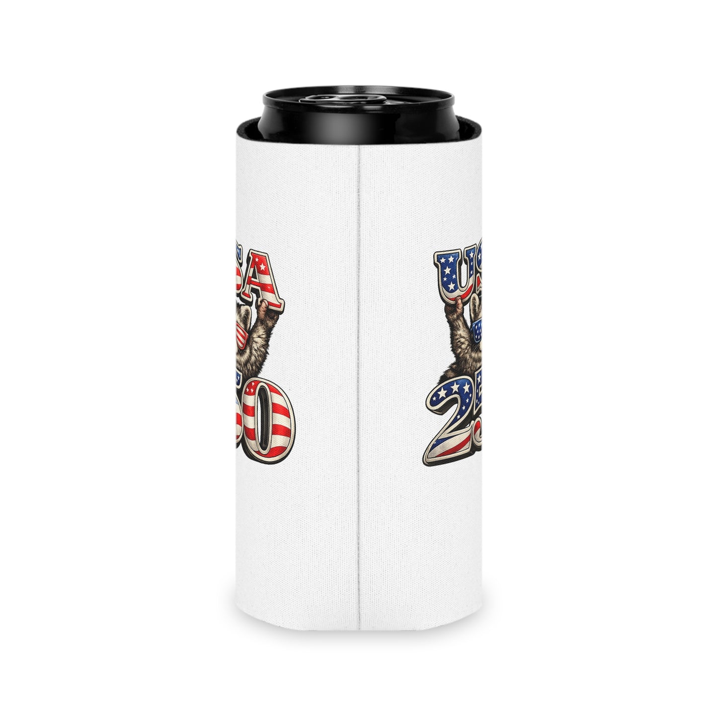 Patriotic Raccoon 250 Can Cooler – USA Flag, 4th of July Drink Koozie