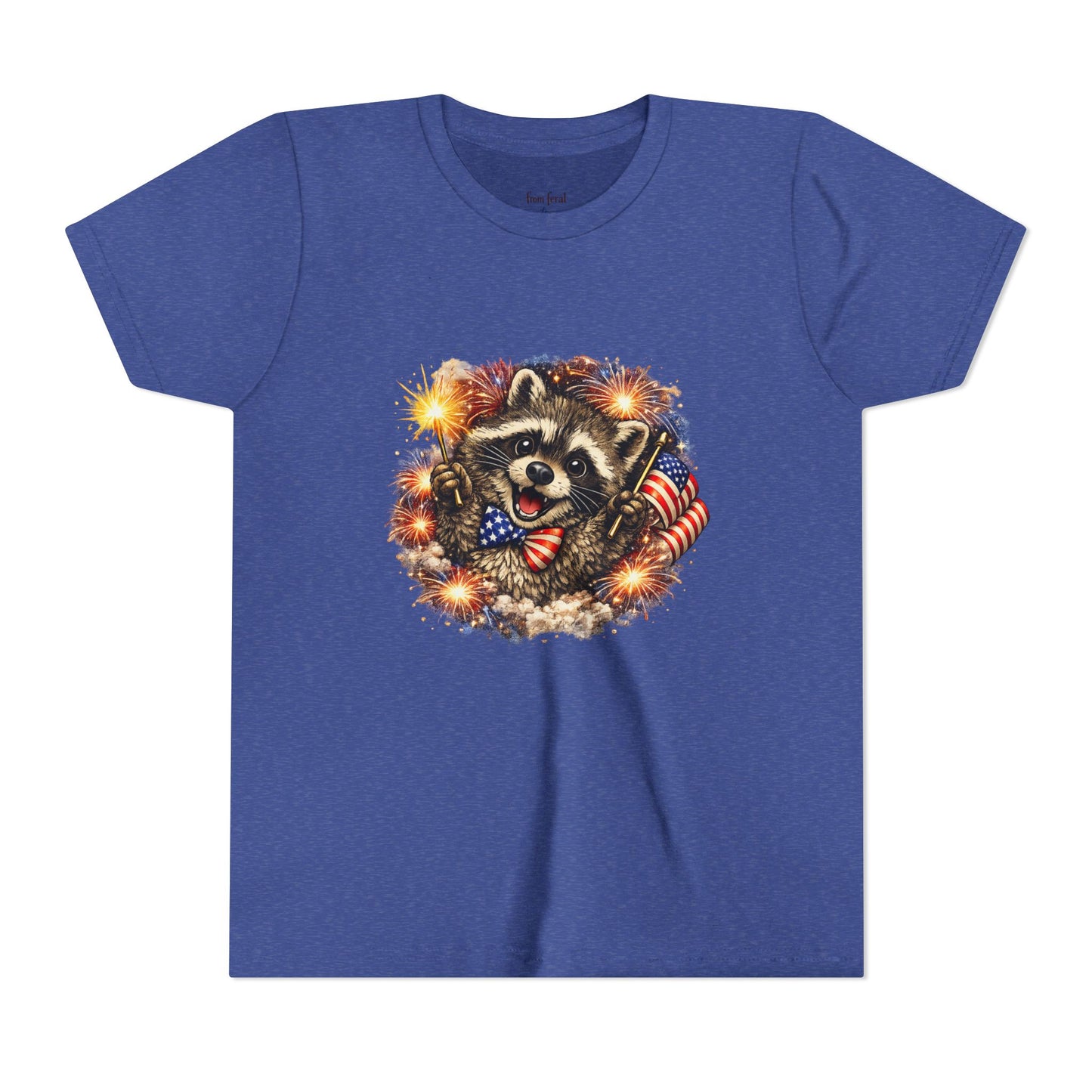 Patriotic Raccoon Youth Tee — Raccoon with American Flag & Fireworks