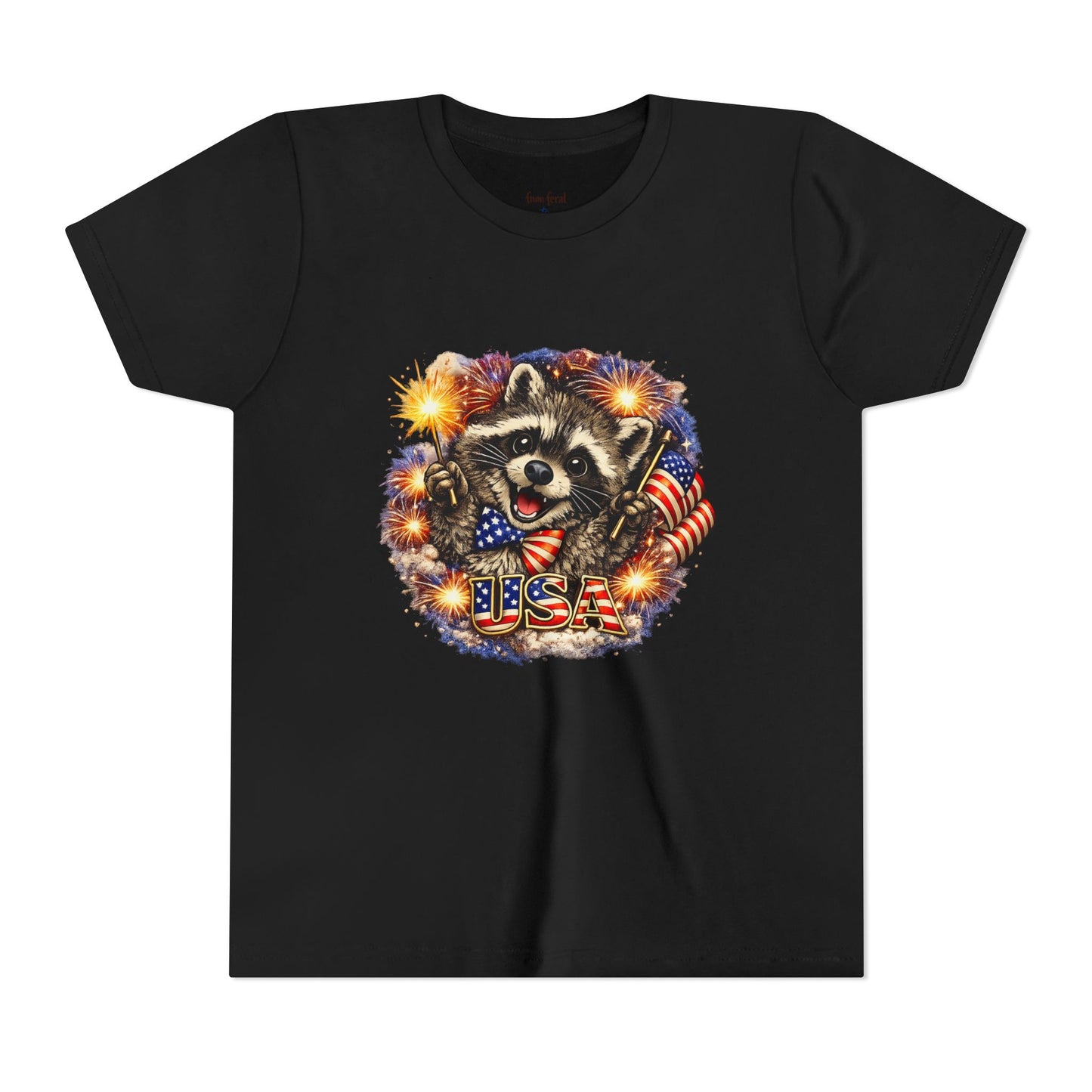 Patriotic Raccoon Youth Tee — Raccoon with American Flag & Fireworks