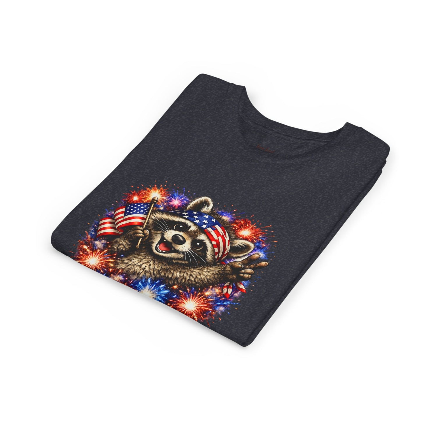Patriotic Raccoon Youth Tee — Raccoon with American Flag & Fireworks