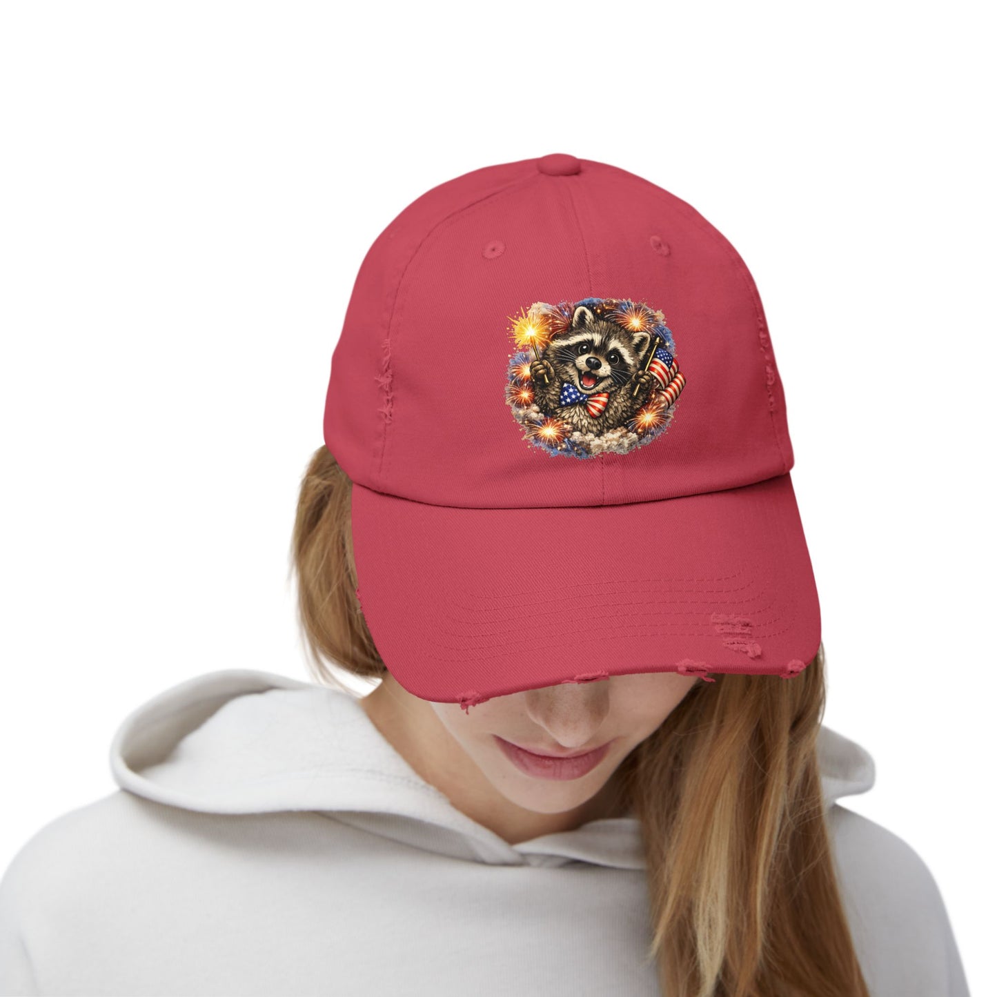 Patriotic Raccoon 250 Cap — Fireworks & Flag Distressed Baseball Hat