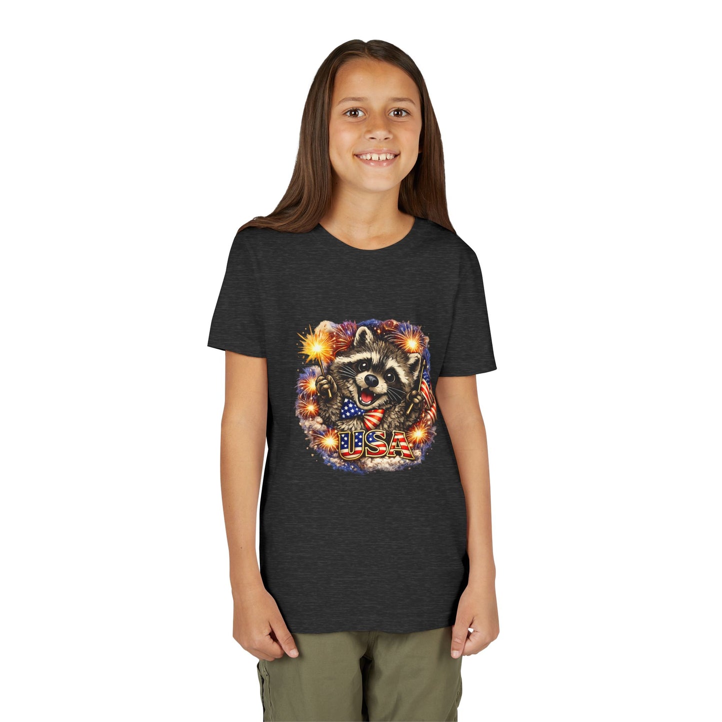 Patriotic Raccoon Youth Tee — Raccoon with American Flag & Fireworks