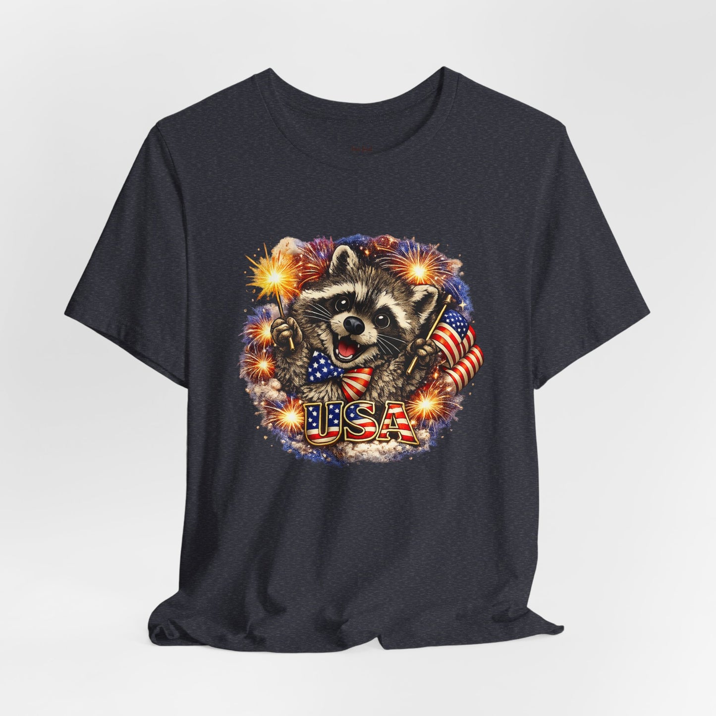 Patriot Raccoon 250th Anniversary T-Shirt — 4th of July Fireworks Flag Tee