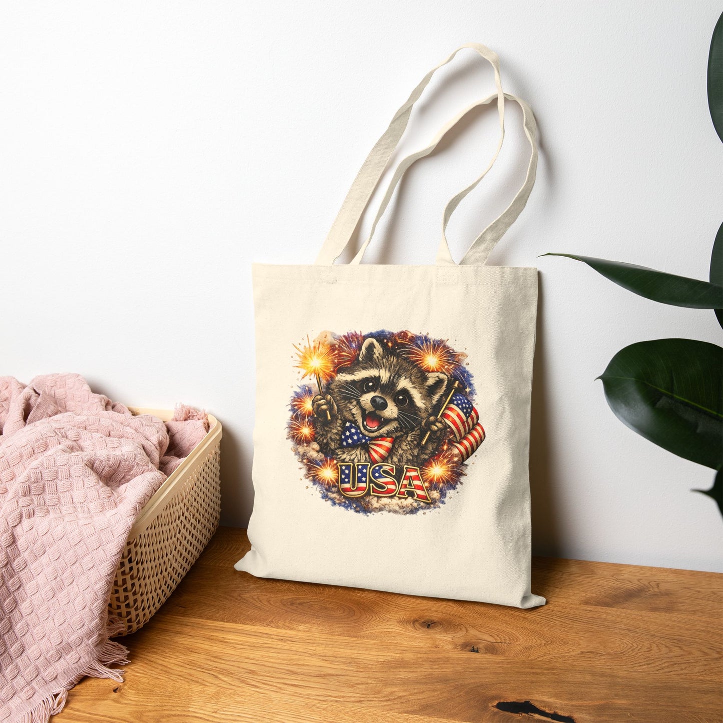 Patriotic Raccoon Fireworks Tote Bag — '250' Canvas Tote for Fourth of July