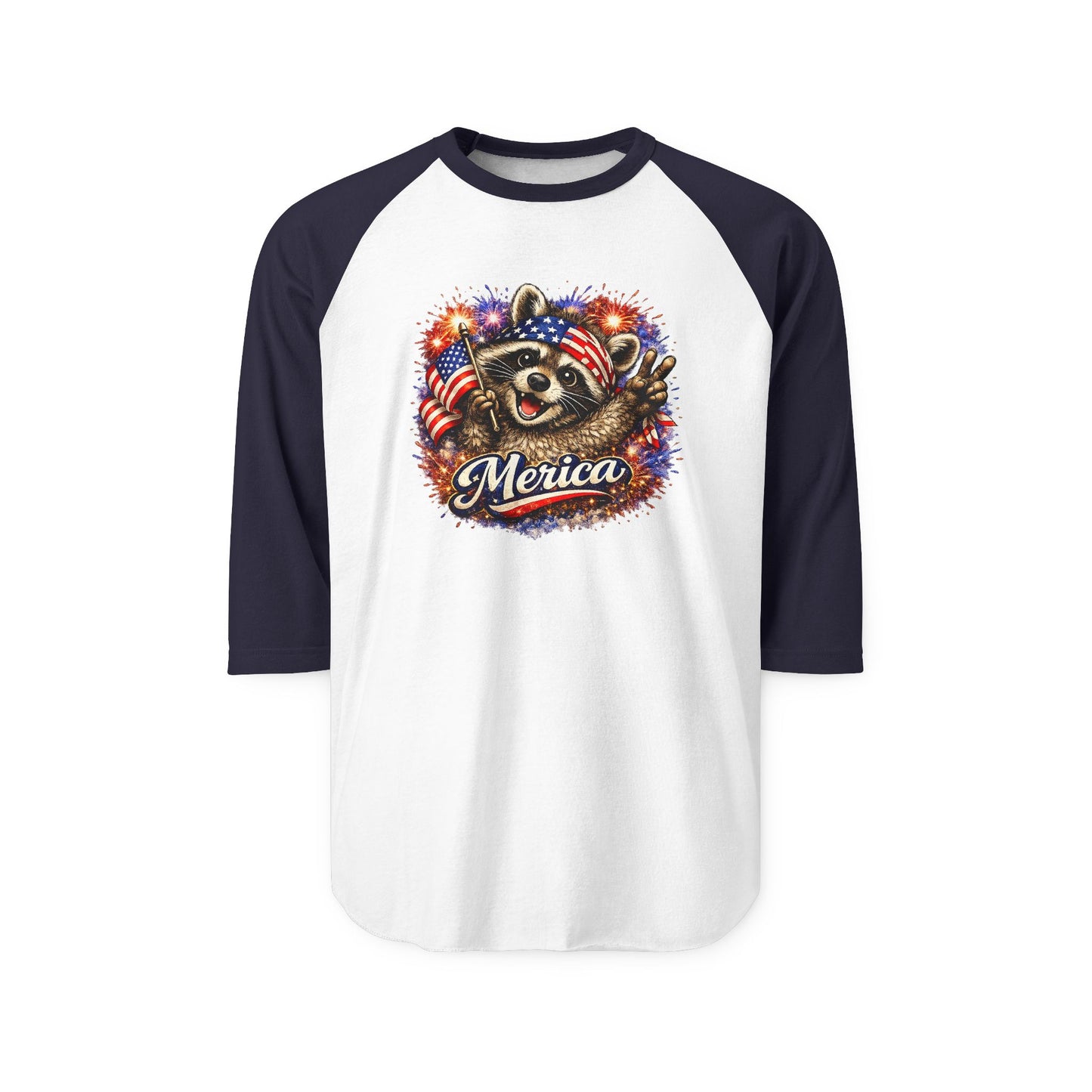 Copy of Patriotic Raccoon 250 Raglan Shirt — Fourth of July Fireworks Tee