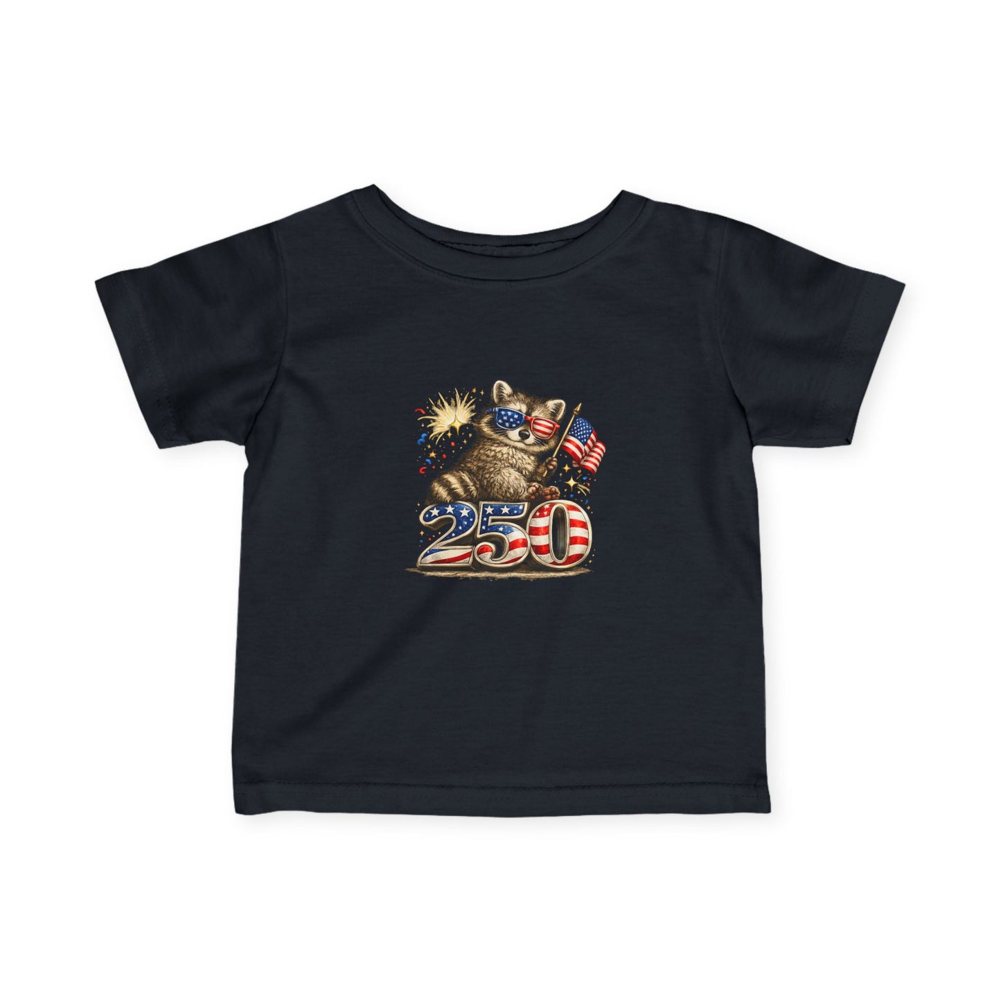 Infant Tee — Adorable Raccoon Holding American Flag "250" — 4th of July Baby Shirt