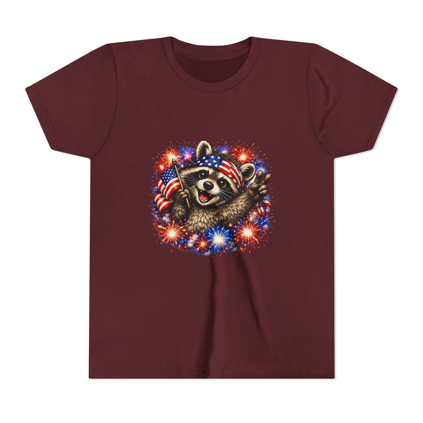 Patriotic Raccoon Youth Tee — Raccoon with American Flag & Fireworks