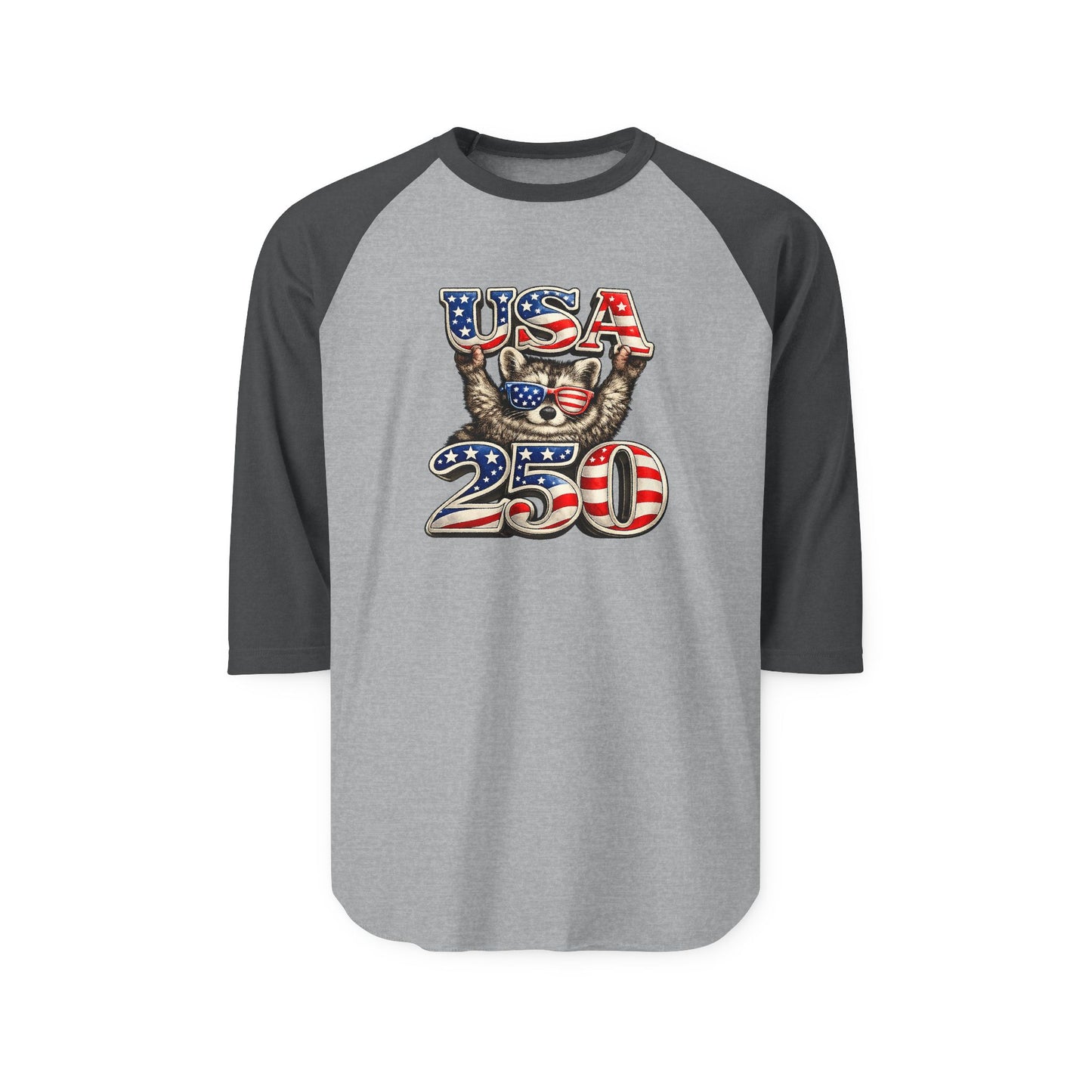 Patriotic Raccoon 250 Raglan Shirt — Fourth of July Fireworks Tee
