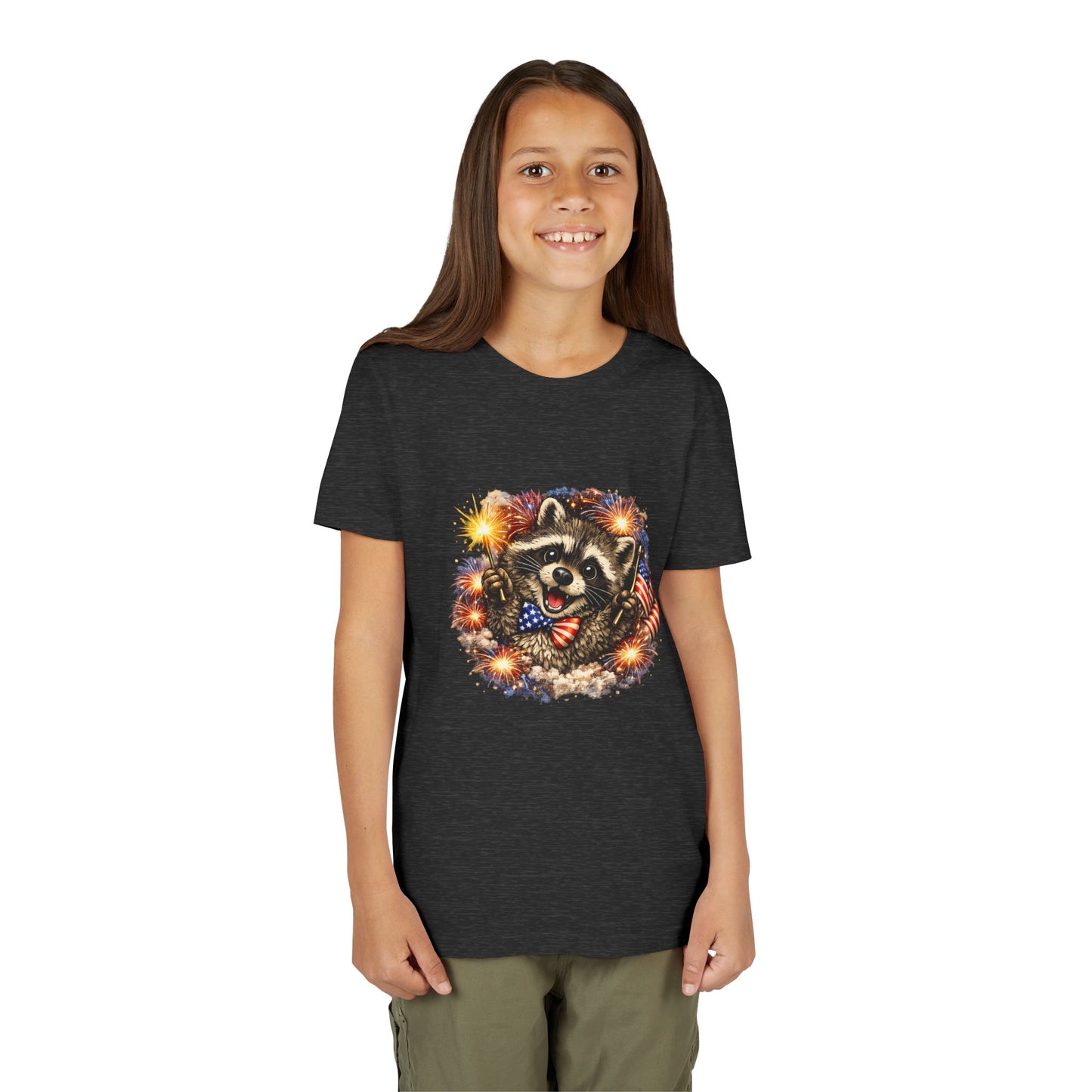 Patriotic Raccoon Youth Tee — Raccoon with American Flag & Fireworks
