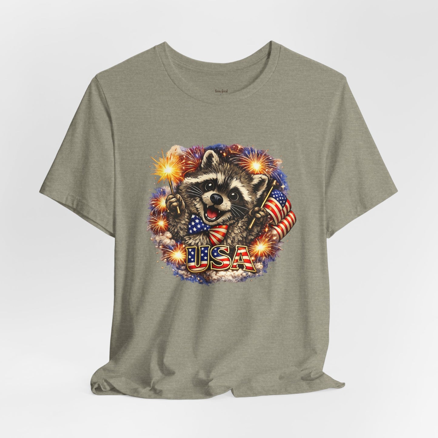 Patriot Raccoon 250th Anniversary T-Shirt — 4th of July Fireworks Flag Tee