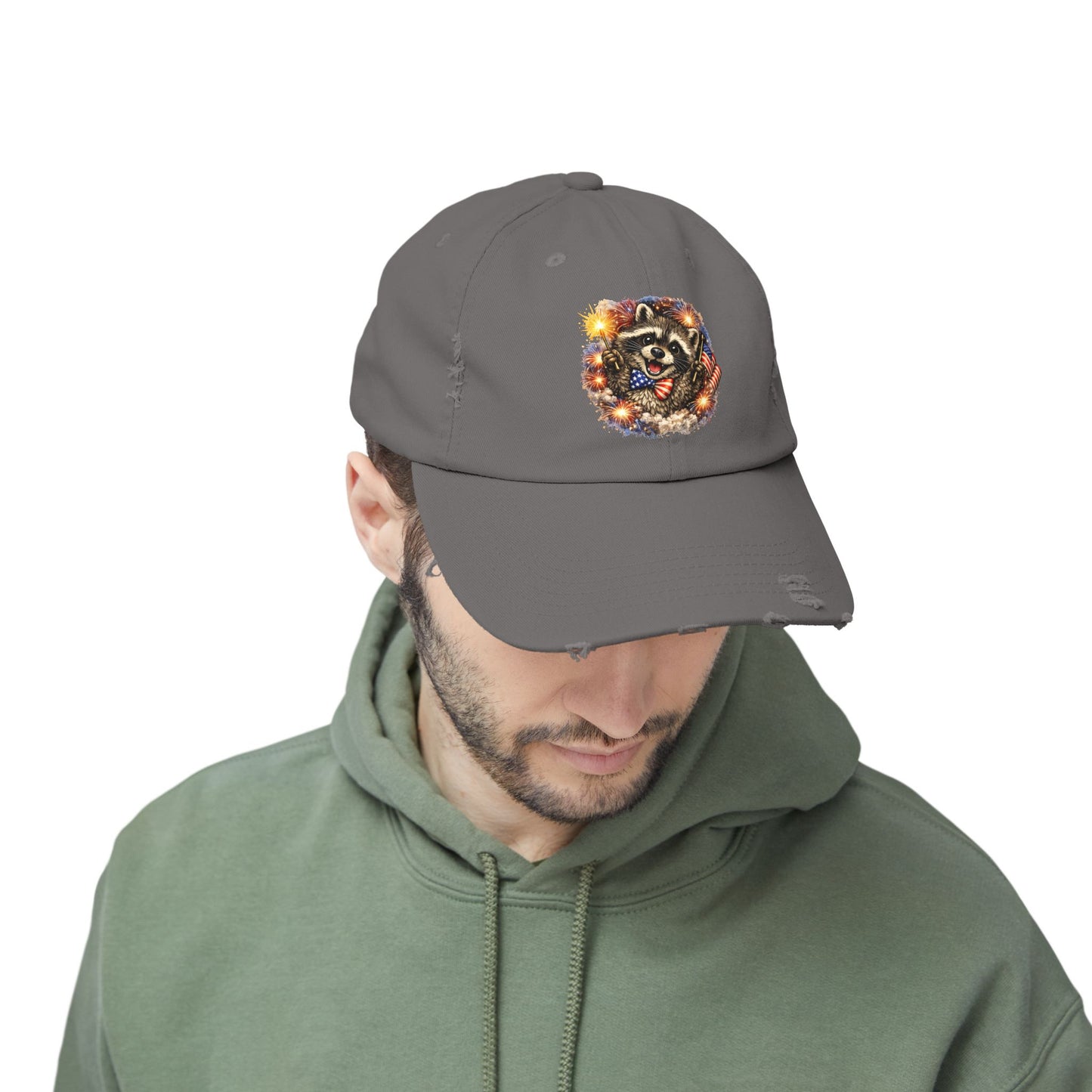 Patriotic Raccoon 250 Cap — Fireworks & Flag Distressed Baseball Hat