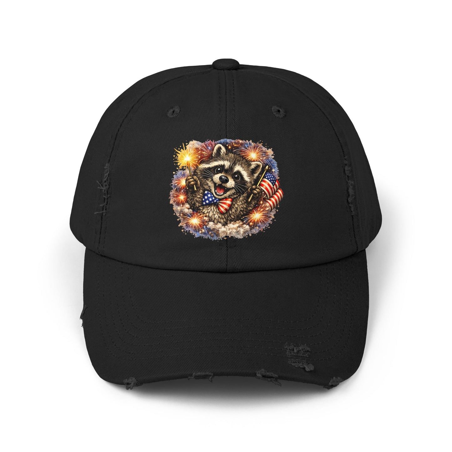 Patriotic Raccoon 250 Cap — Fireworks & Flag Distressed Baseball Hat