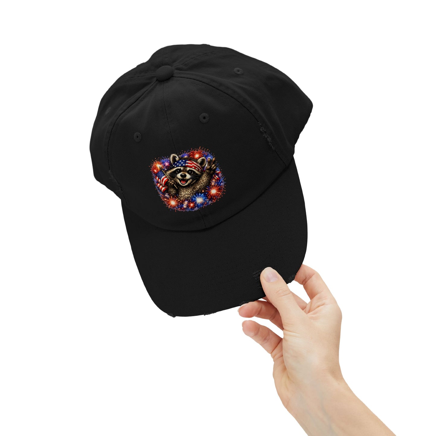 Patriotic Raccoon 250 Cap — Fireworks & Flag Distressed Baseball Hat