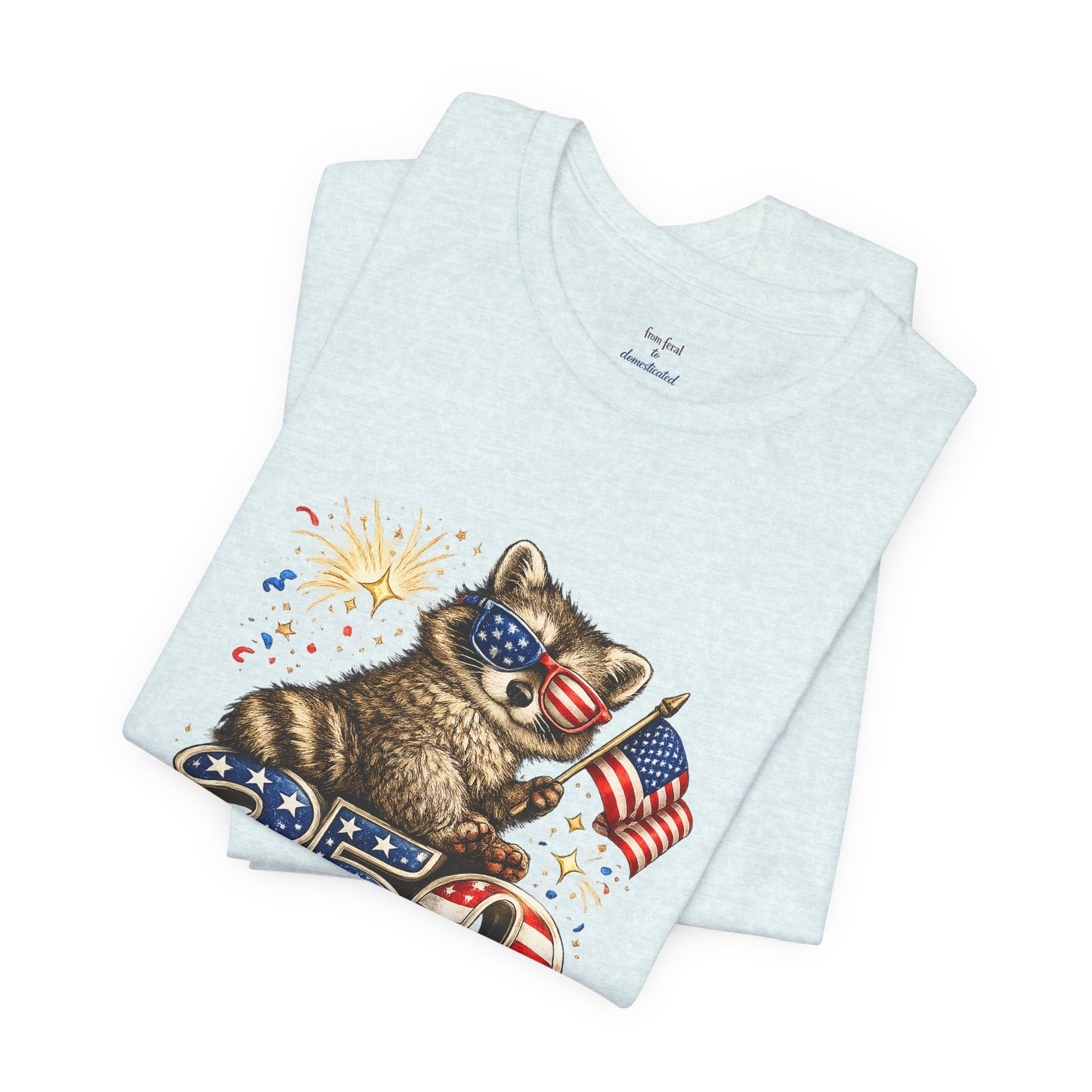 Patriot Raccoon 250th Anniversary T-Shirt — 4th of July Fireworks Flag Tee