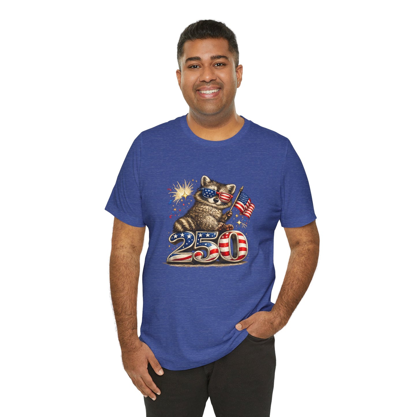 Patriot Raccoon 250th Anniversary T-Shirt — 4th of July Fireworks Flag Tee