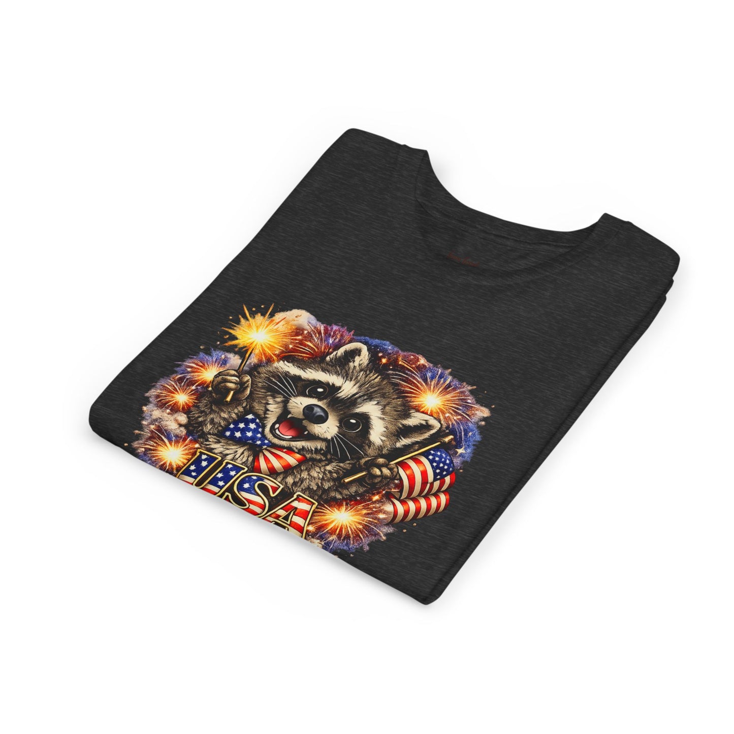 Patriotic Raccoon Youth Tee — Raccoon with American Flag & Fireworks