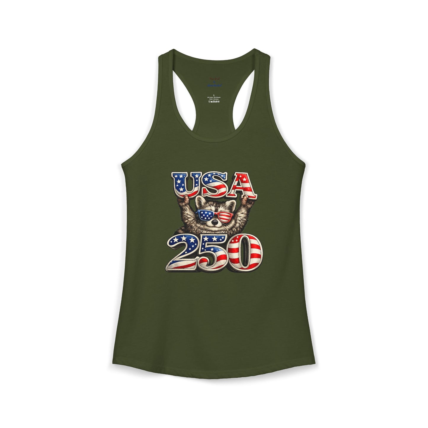 Patriotic Raccoon 4th of July Tank — Raccoon on 250 with Flag & Fireworks Racerback Tank