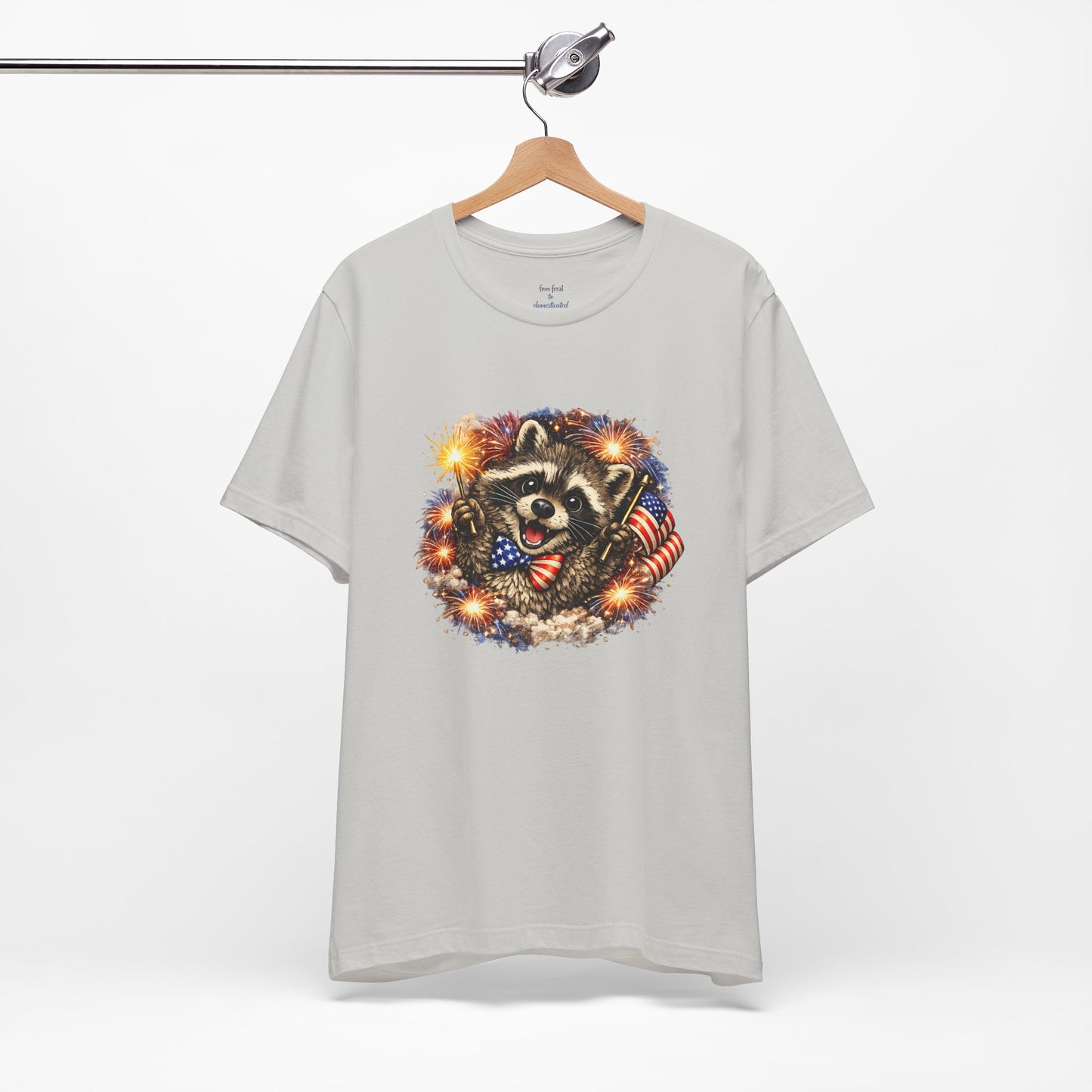 Patriot Raccoon 250th Anniversary T-Shirt — 4th of July Fireworks Flag Tee
