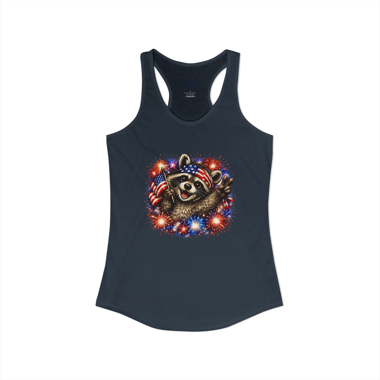 Patriotic Raccoon 4th of July Tank — Raccoon with Flag & Fireworks Racerback Tank