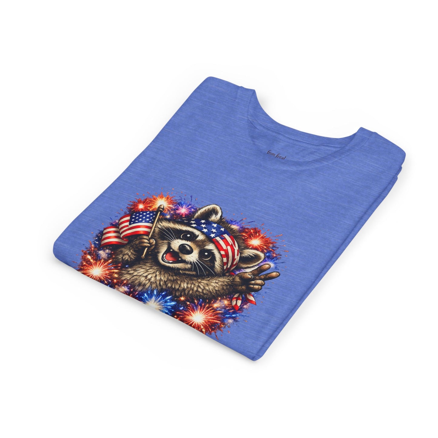 Patriotic Raccoon Youth Tee — Raccoon with American Flag & Fireworks