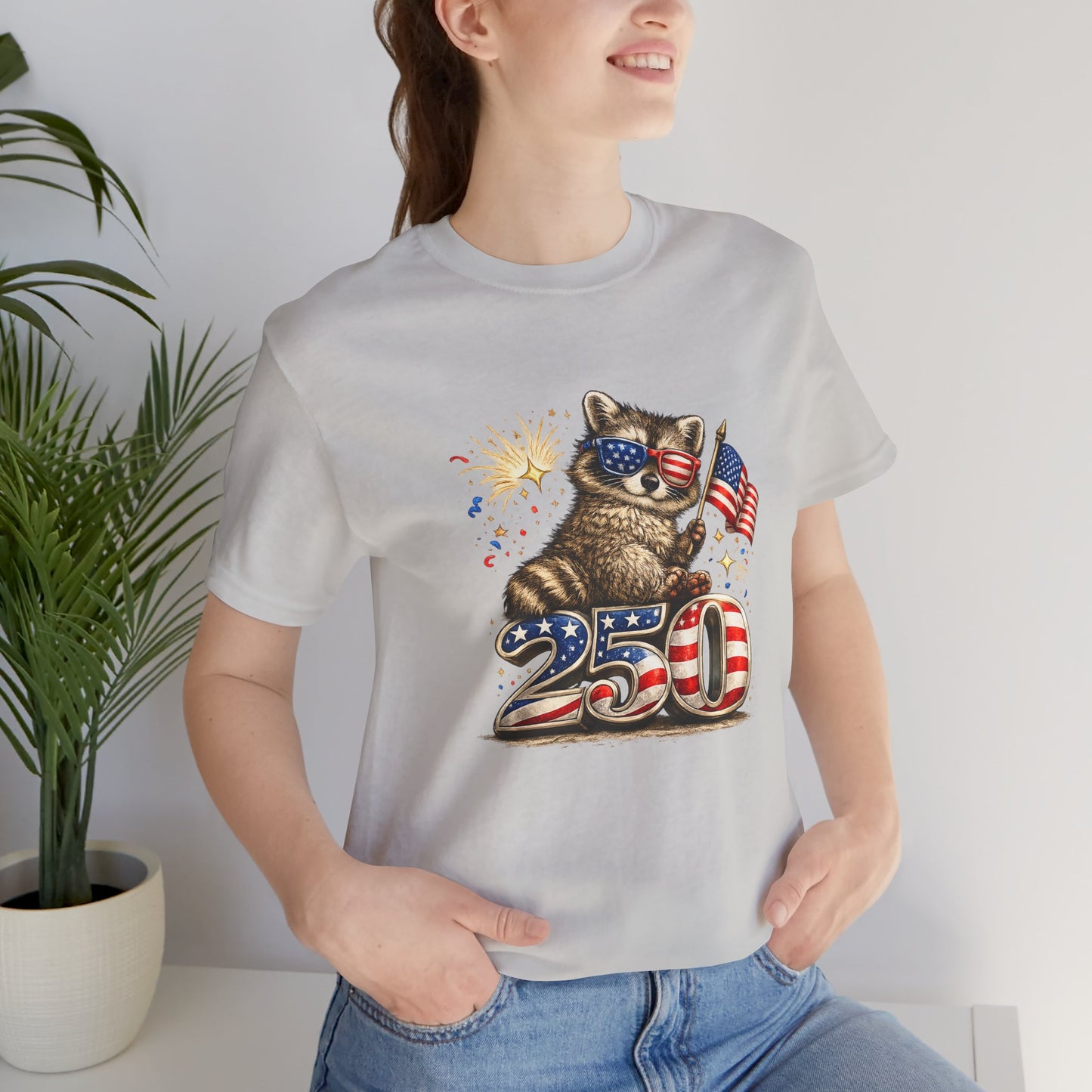Patriot Raccoon 250th Anniversary T-Shirt — 4th of July Fireworks Flag Tee
