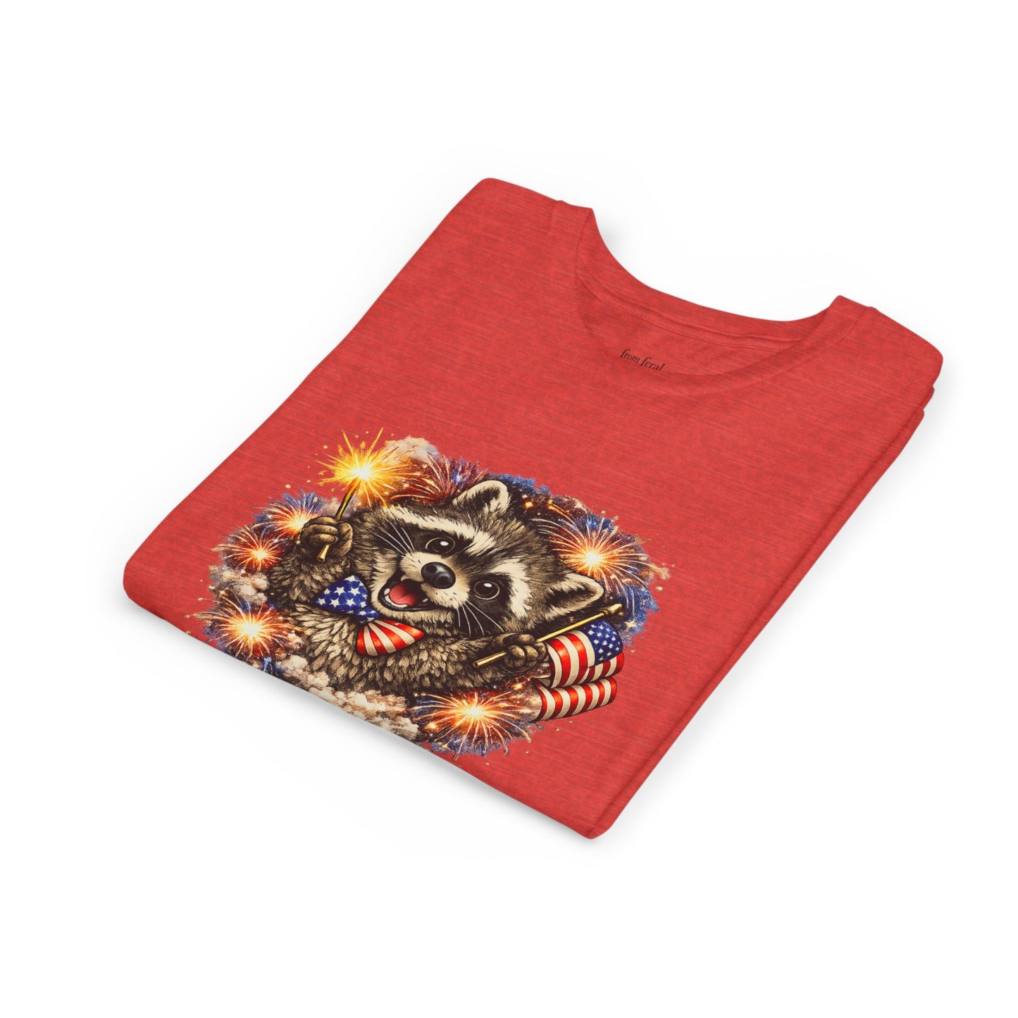Patriotic Raccoon Youth Tee — Raccoon with American Flag & Fireworks
