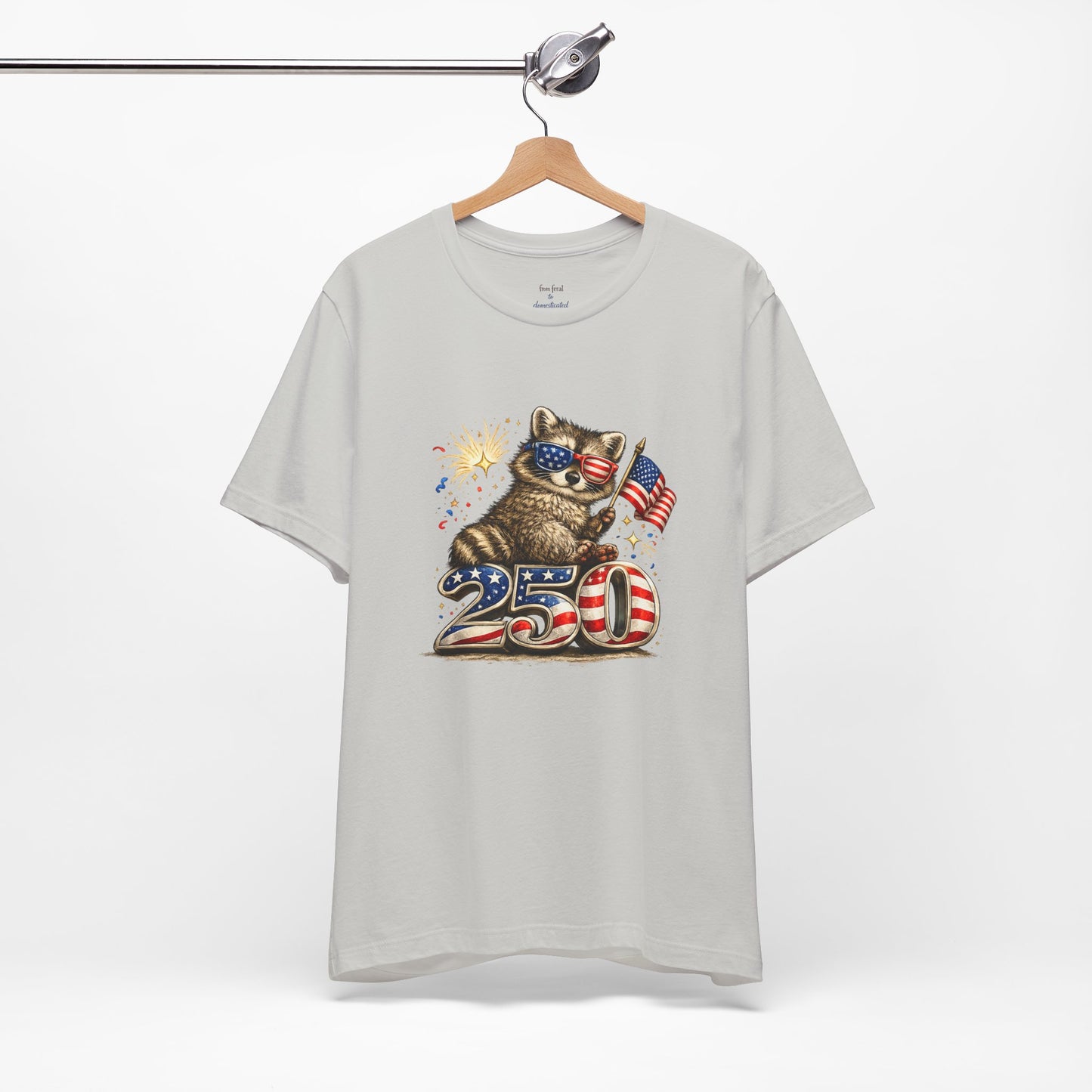 Patriot Raccoon 250th Anniversary T-Shirt — 4th of July Fireworks Flag Tee
