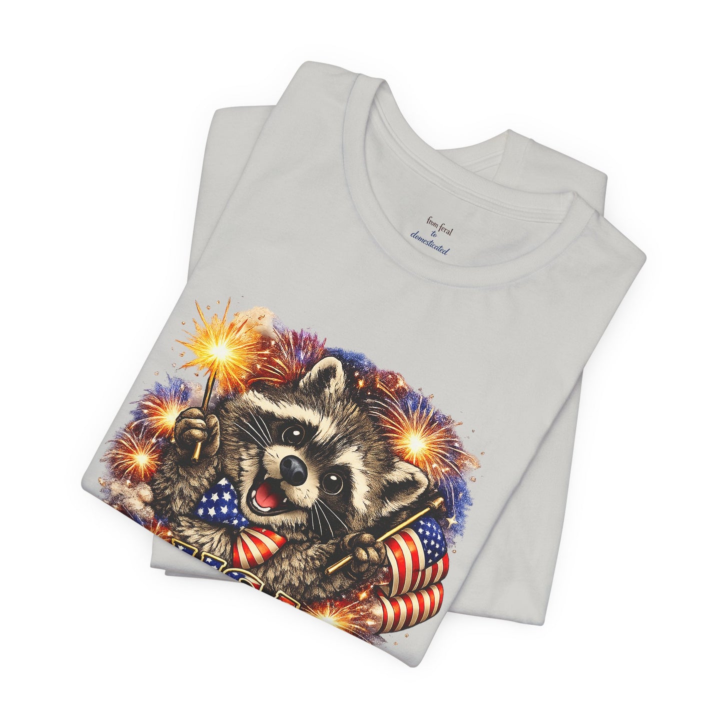 Patriot Raccoon 250th Anniversary T-Shirt — 4th of July Fireworks Flag Tee