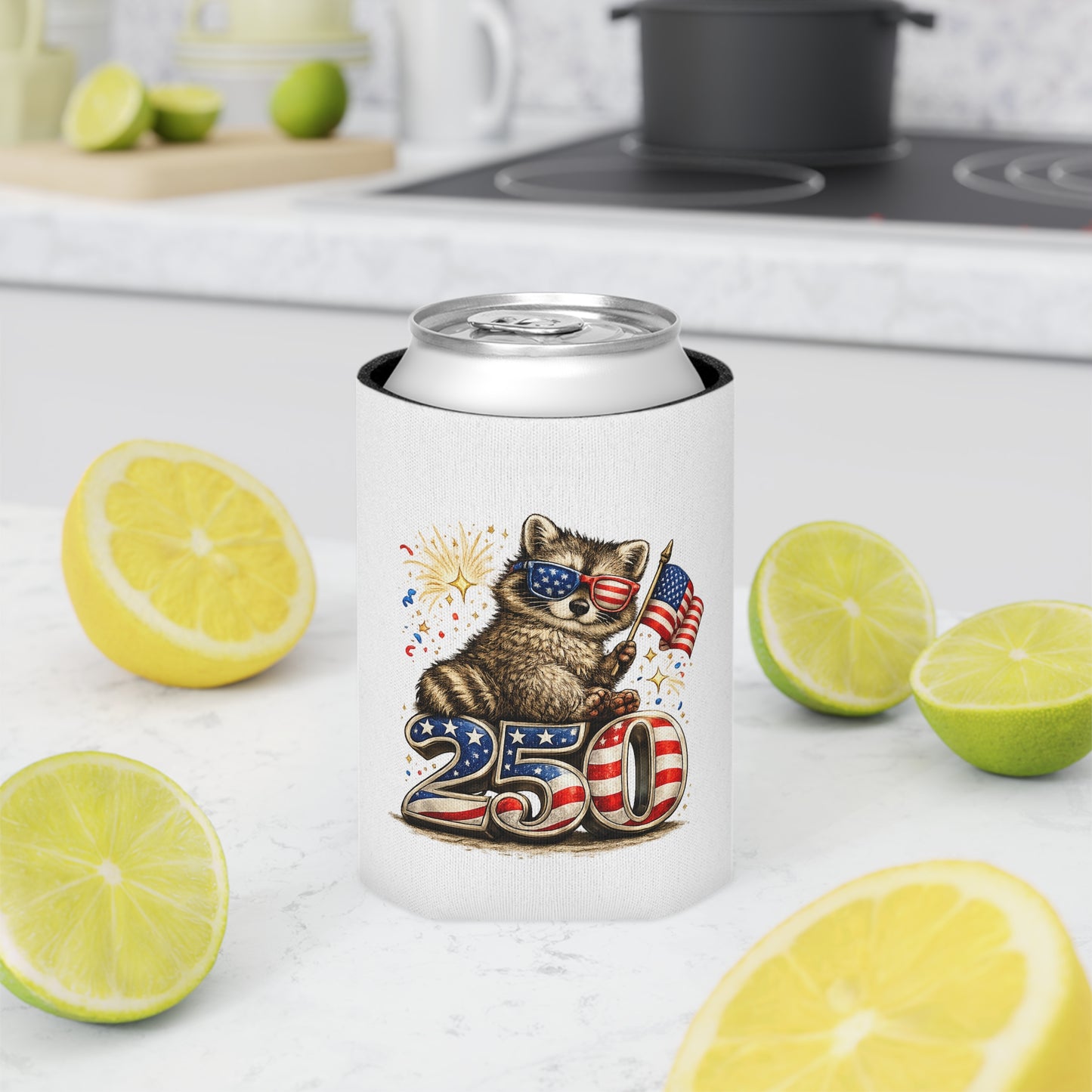 Patriotic Raccoon 250 Can Cooler – USA Flag, 4th of July Drink Koozie