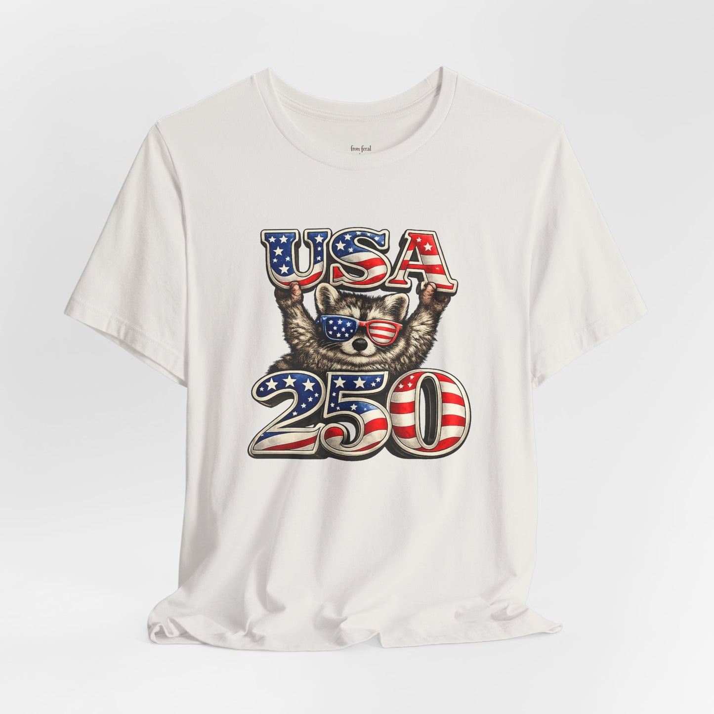 Patriot Raccoon 250th Anniversary T-Shirt — 4th of July Fireworks Flag Tee