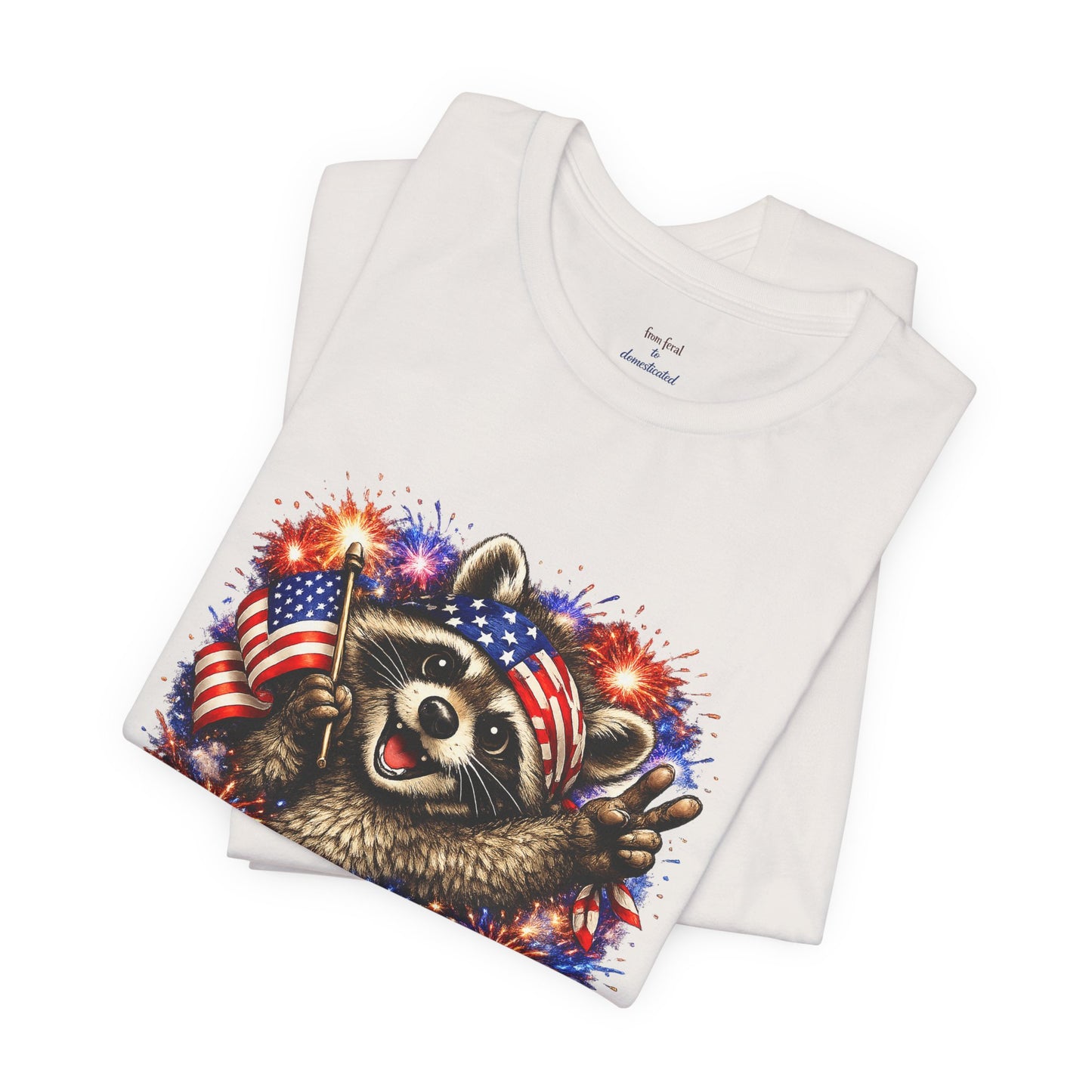 Patriot Raccoon 250th Anniversary T-Shirt — 4th of July Fireworks Flag Tee