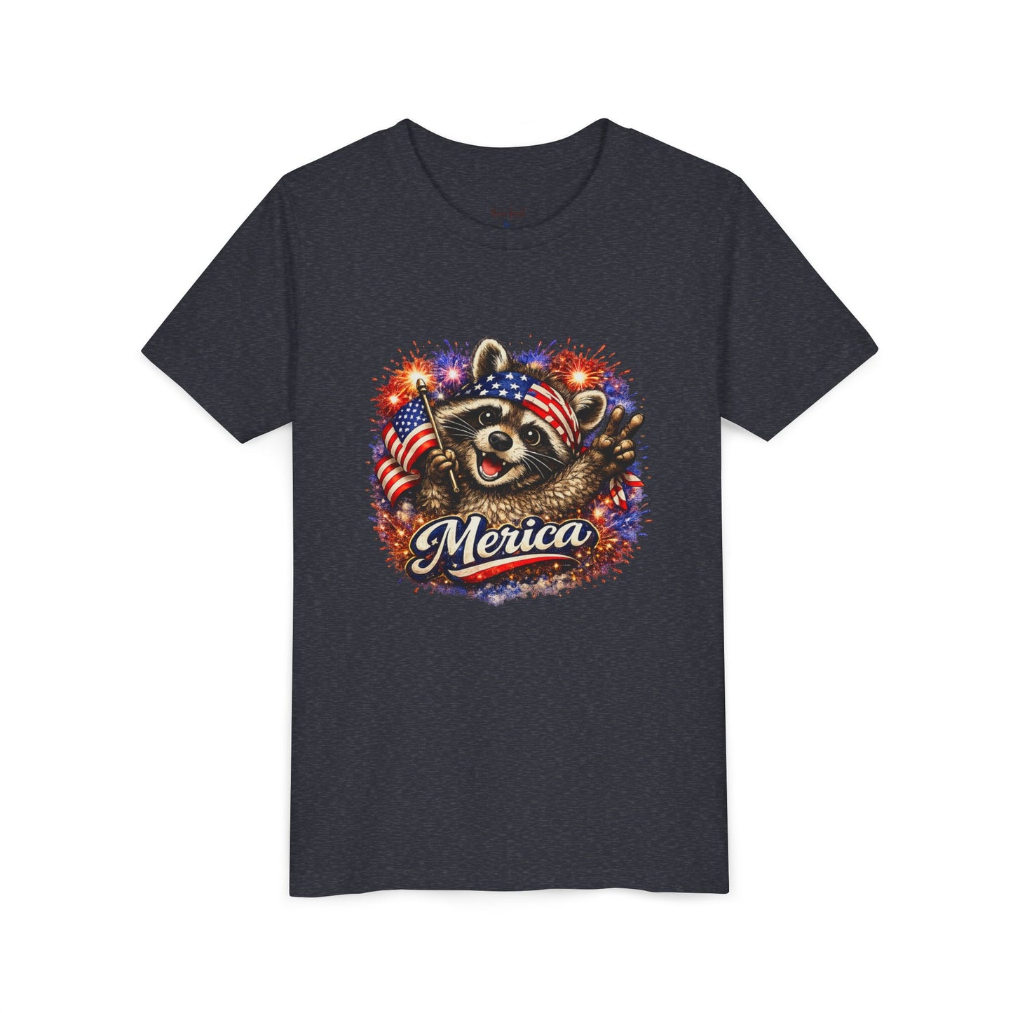 Patriotic Raccoon Youth Tee — Raccoon with American Flag & Fireworks
