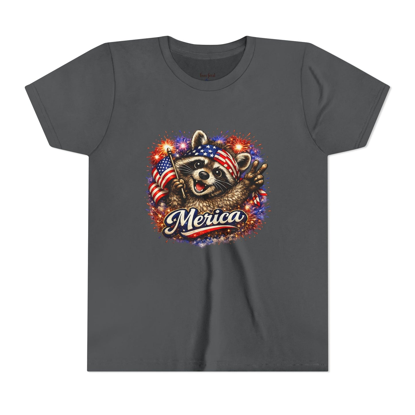 Patriotic Raccoon Youth Tee — Raccoon with American Flag & Fireworks