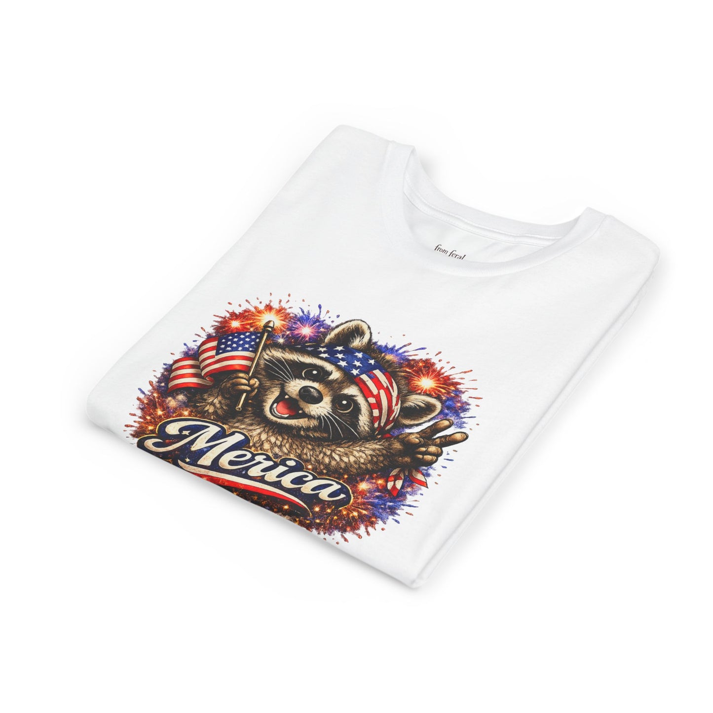 Patriotic Raccoon Youth Tee — Raccoon with American Flag & Fireworks
