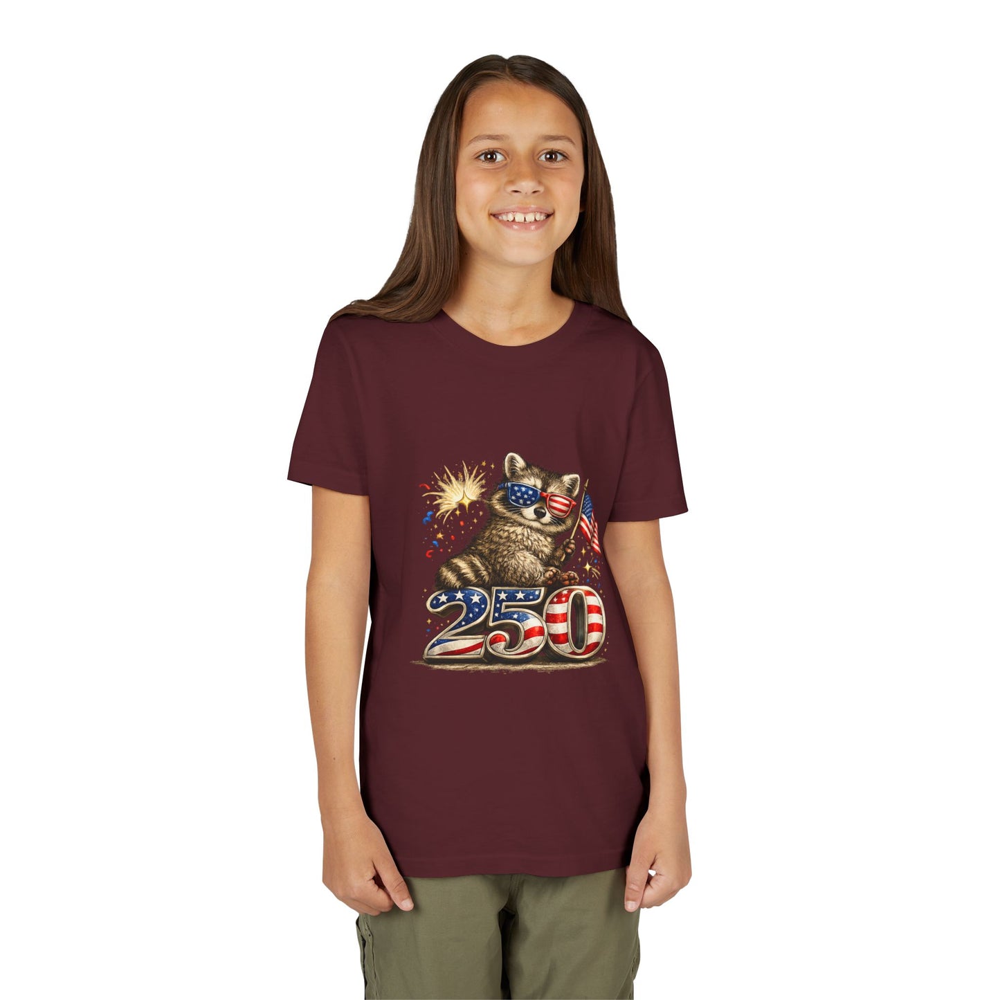 Patriotic Raccoon Youth Tee — Raccoon with American Flag & Fireworks