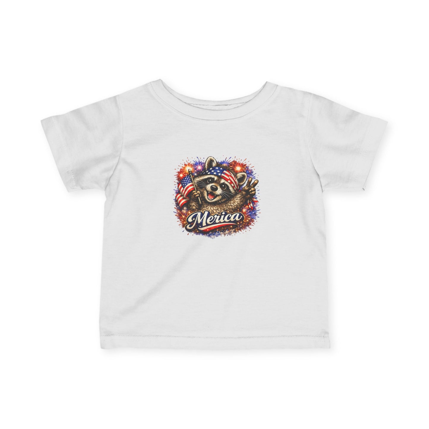Infant Tee — Adorable Raccoon Holding American Flag "250" — 4th of July Baby Shirt