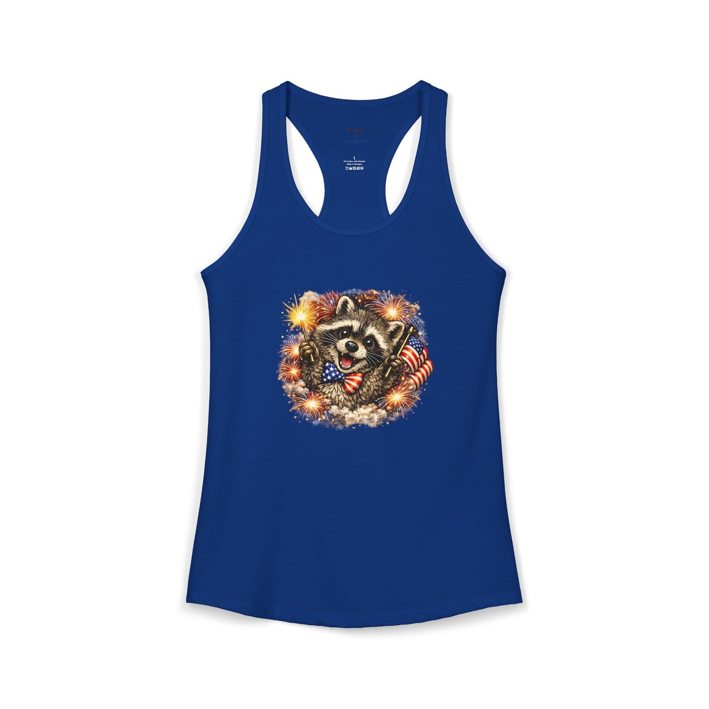 Patriotic Raccoon 4th of July Tank — Raccoon on 250 with Flag & Fireworks Racerback Tank